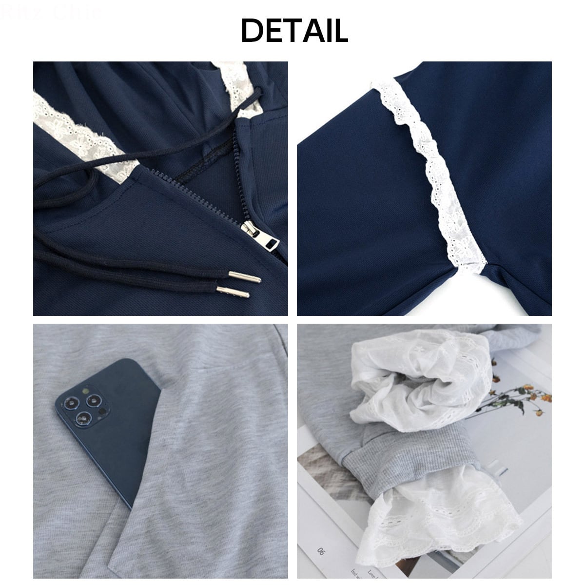 スウェット パーカー ジップアップ レディース 春秋冬 韓国 ストリート アメカジ おしゃれ 大人 カジュアル レース切り替え 羽織り トップス 裾レース ゆったり 大人可愛い 大人女子