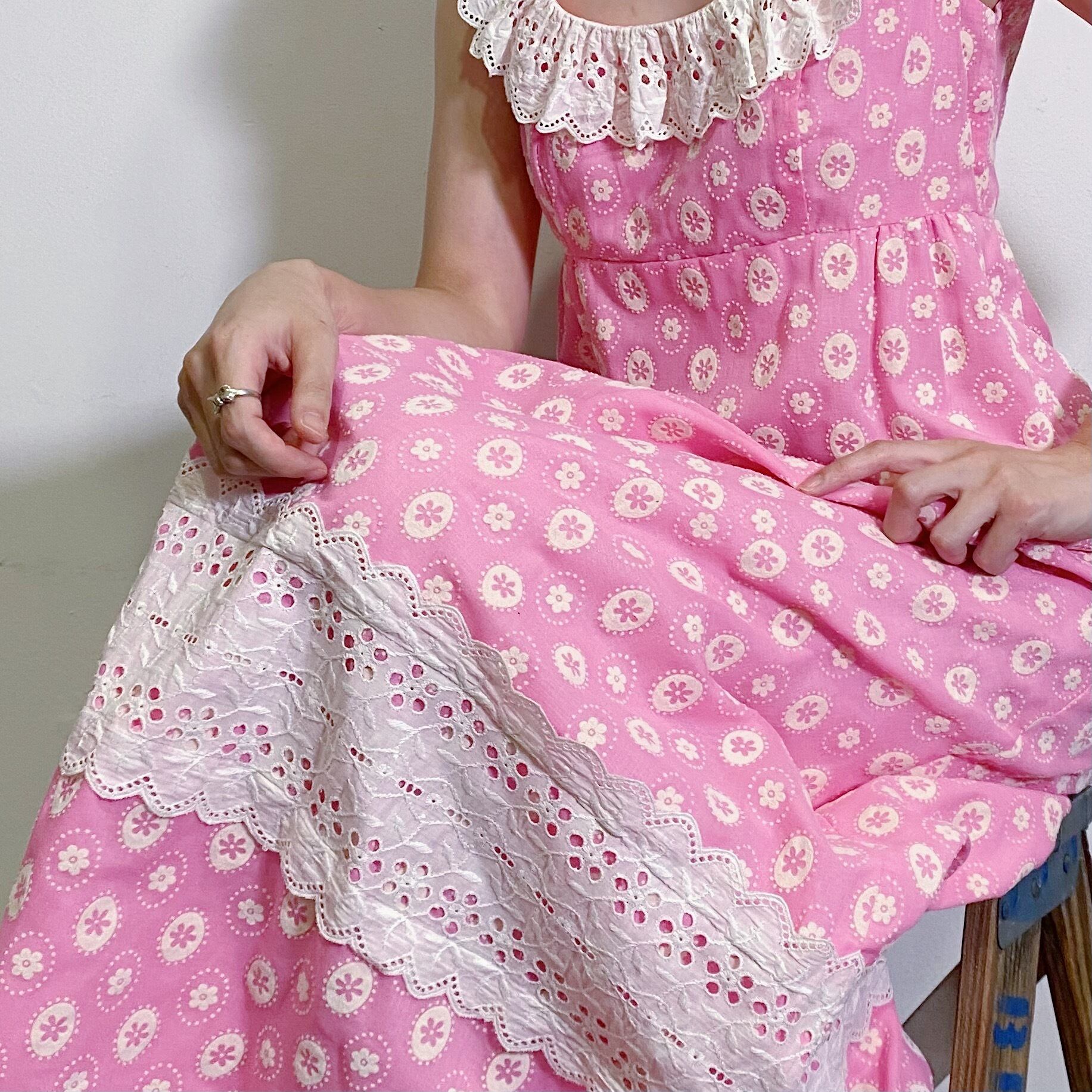 60-70s pink flower printed lace long dress | LEMON