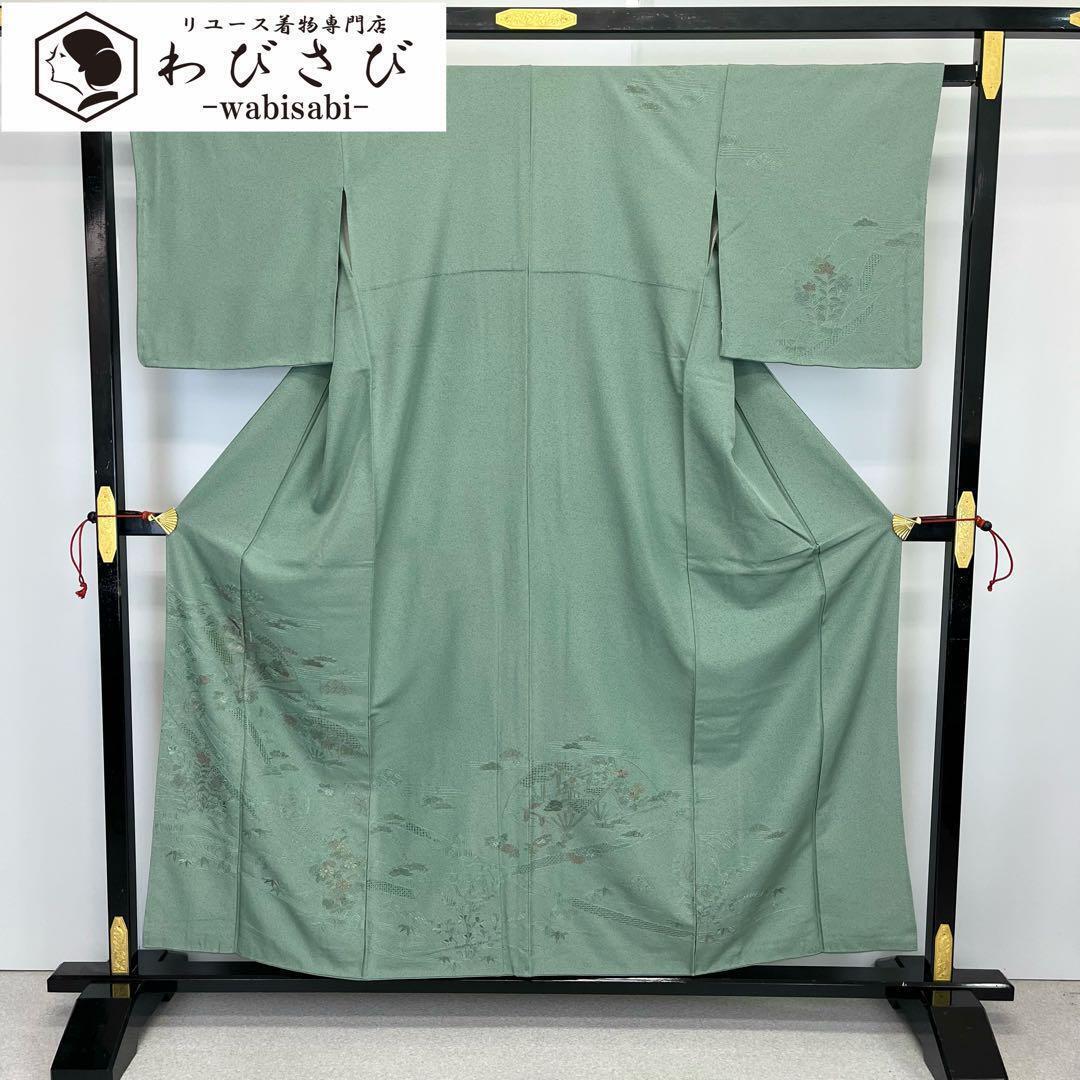 付下げ 中国総刺繍 扇に四季の花柄模様 雪輪に亀甲 金糸 錆青磁色 K  