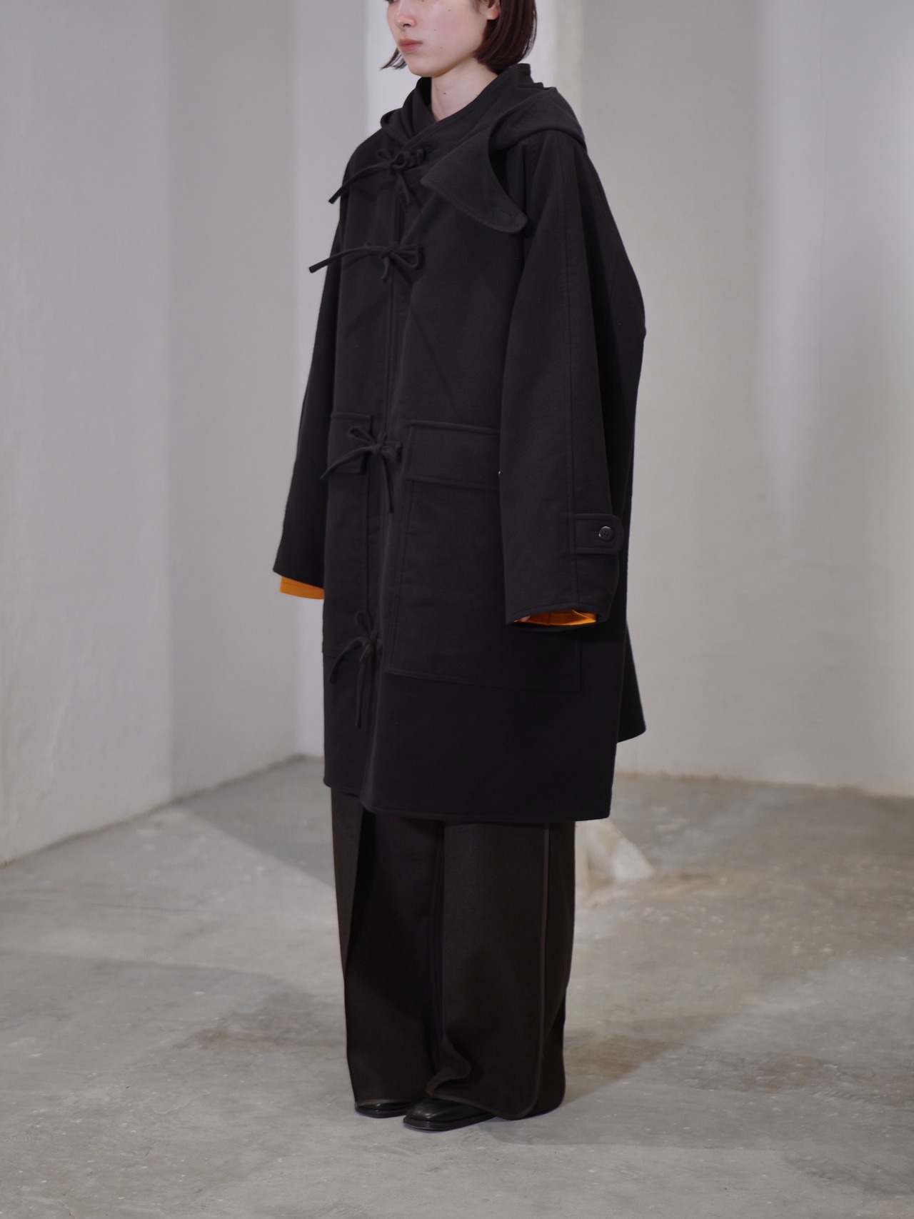 METHO - Front-Open Hooded Coat :Black|コットンシルク/紐留めフロント/ワークポケット
