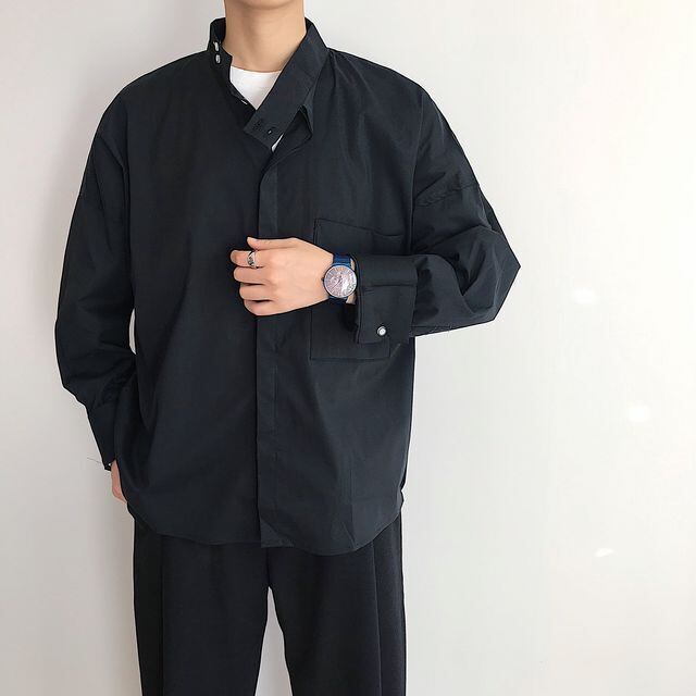 予約販売】シャツ 長袖 メンズ シンプル ハイカラー 立ち襟 モノトーン