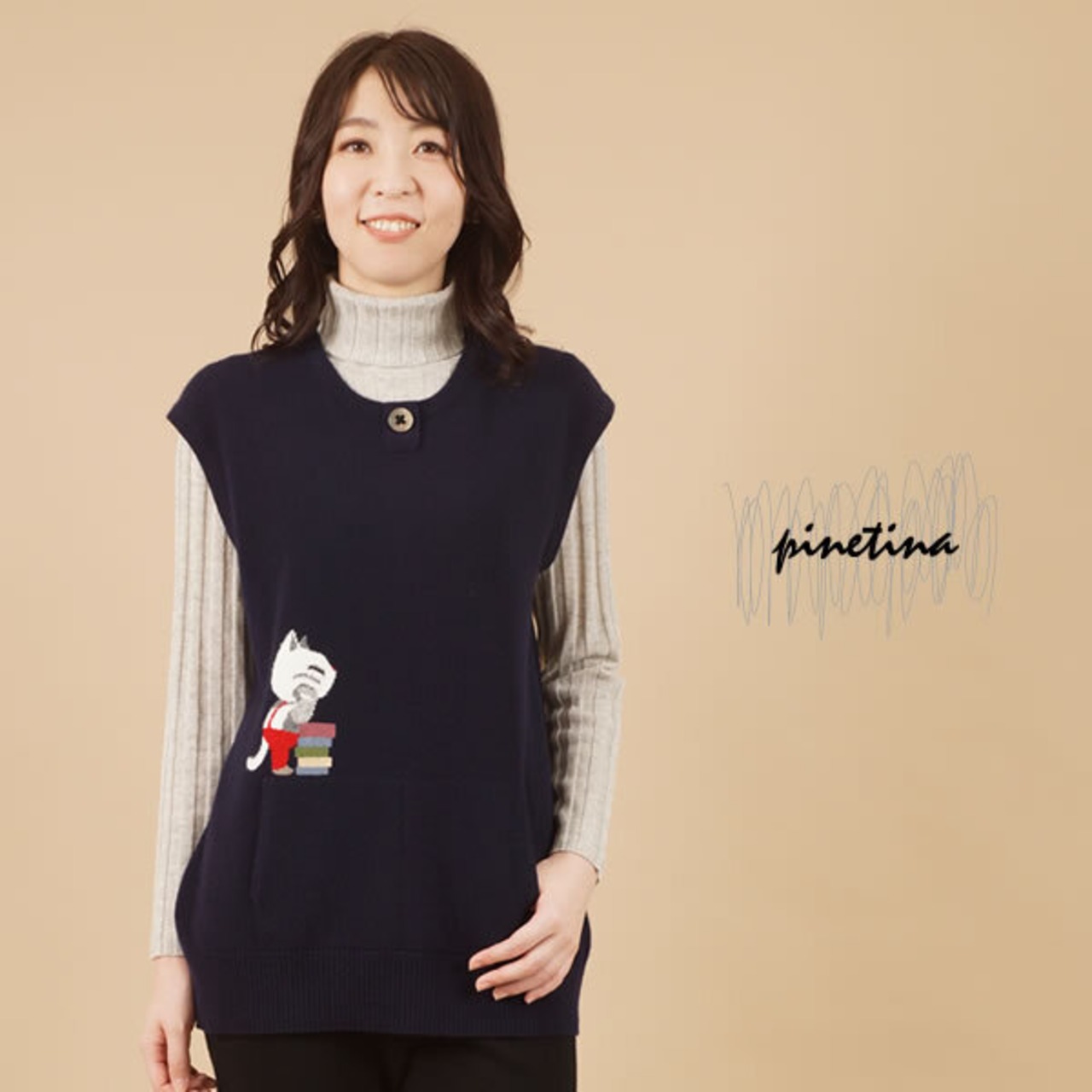 本と猫柄ヘンリーネックベスト/ カシミヤ100％