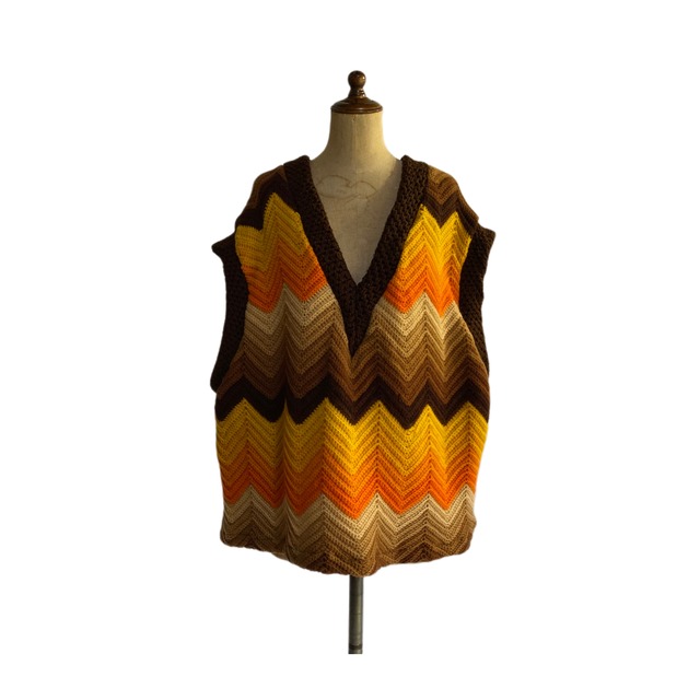 Rebuild crochet V-neck vest brown orange