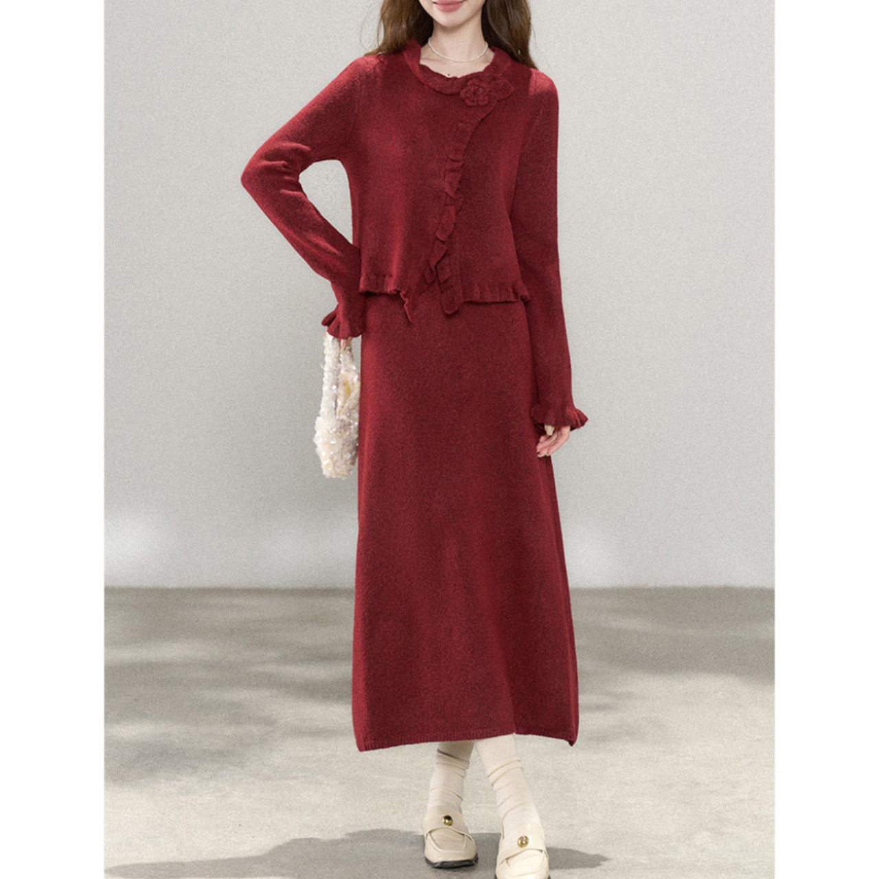 フリルニットカーディガンとスカートのセットアップ 3color W00848