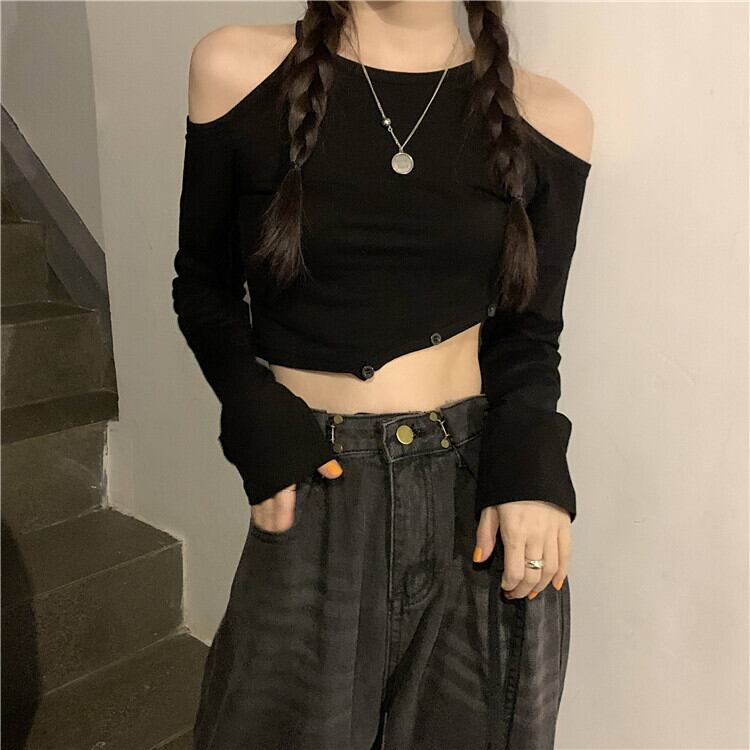 スプリングスリムシャツ ショートトップス Tシャツ ロング 春物 オフショルダー ドラファッションホール72234922490