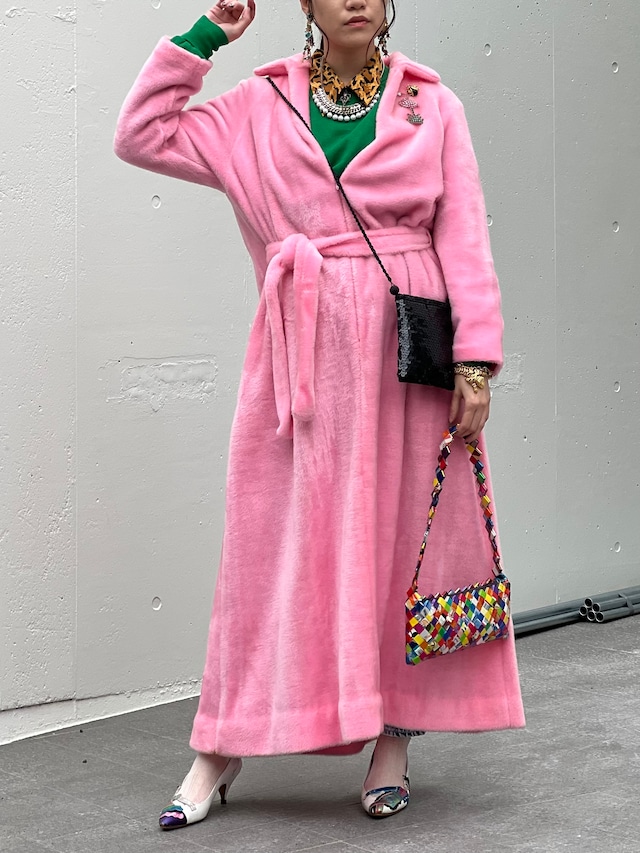 70s pink fake fur maxi dress  ( ヴィンテージ ピンク フェイクファー ワンピース )
