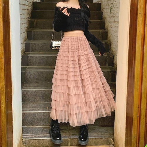 ティアード ロングスカート チュール ピンクベージュ