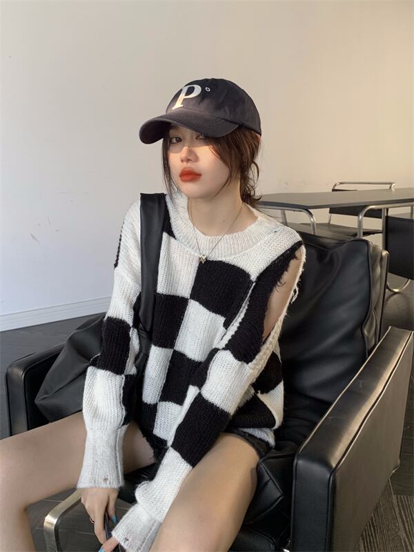 スタンダードルーズニットセーター コート オータムストラップレスプルオーバー トップス レトロ 秋物 モンロー43629564972