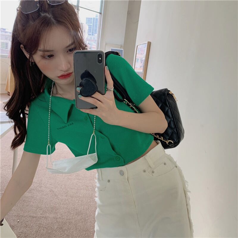 Tシャツ スタイルショートスリムカラーグリーントップス サマー レッド 刺繍 夏物 ブラックストロベリース41238047258