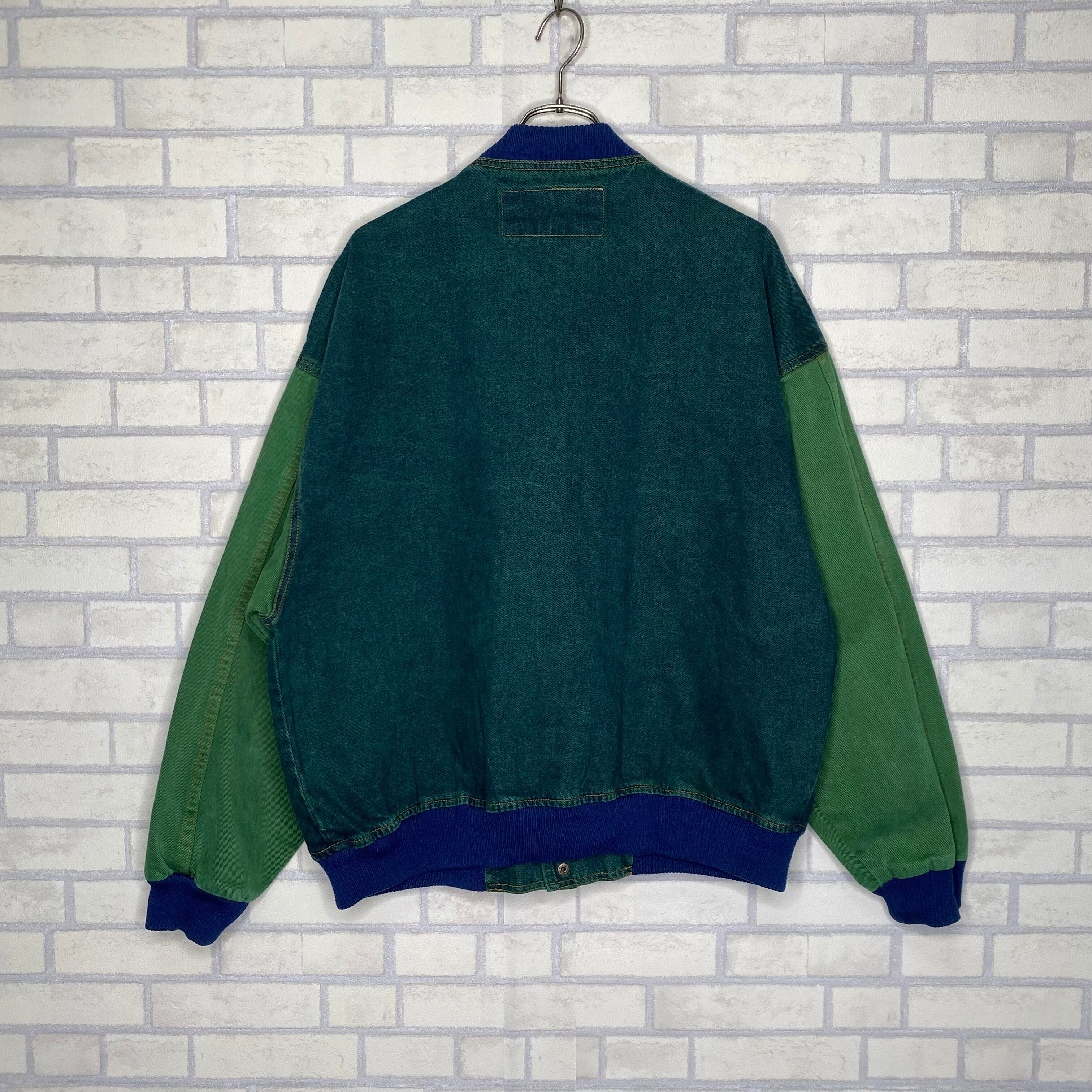 デニムスタジャン XL グリーン フロント刺繍 後染め | 古着屋OLDGREEN