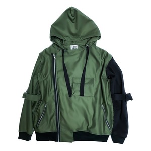 UNFINISHEDボンテージライダースパーカー　カーキ×ブラック2023020