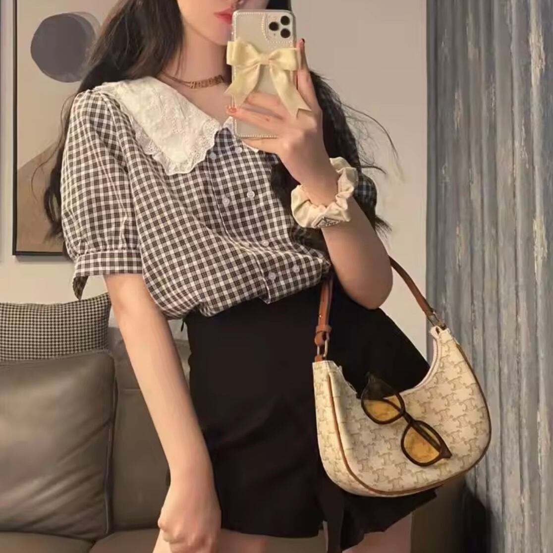 フレンチシックブロックチェックシャツ