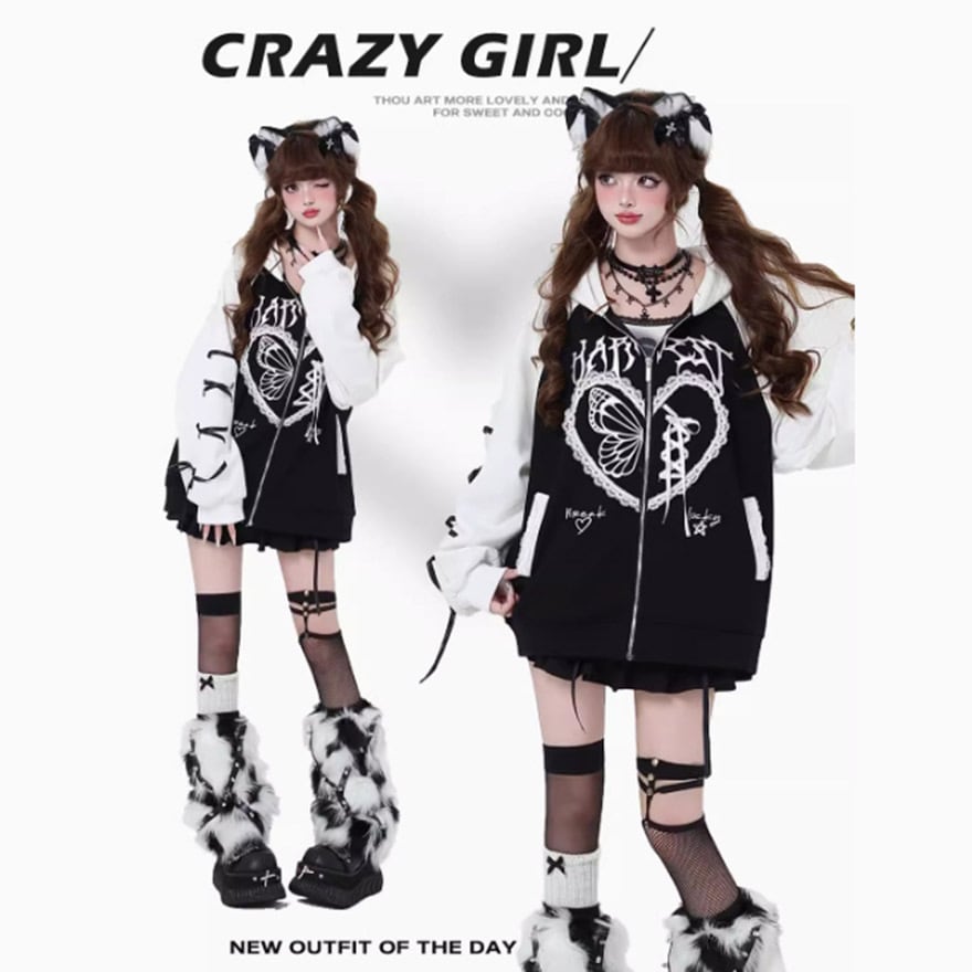 サブカル 服 地雷系 通販 CRAZYGIRLシリーズ パーカー ジャケット 羽織り スウェット フード付き リボン 蝶