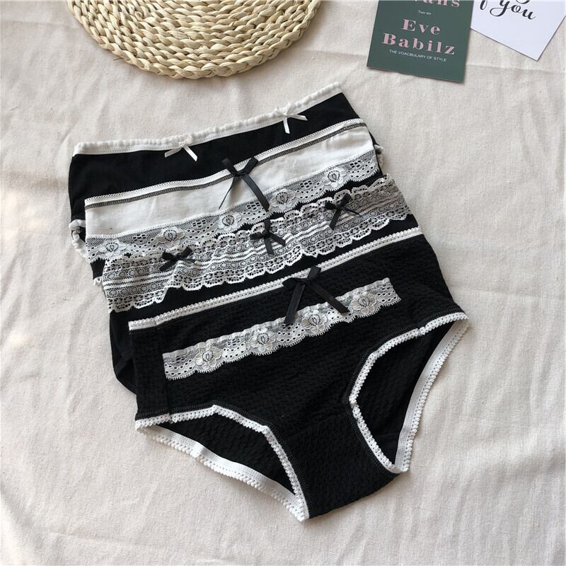 フォーピースサマースタイルの小さなフレッシュボウレースステッチパンティーブラックボトミングミッドウエストブリーフ婦人服 YY-ファッション30711777342