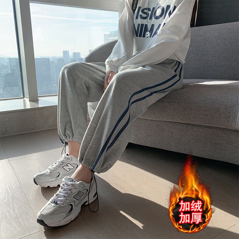 【新作】【送料無料】 グレーのスウェットパンツの女性のズボン春と秋のルーズカジュアルな秋と冬のベルベットのスウェットパンツワイドレッグレギンス 0355138364680