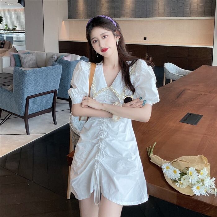 ギャザープリーツVネックスリーブパールドレス スタイルハイウェストウェストAラインスカート 真珠 ドラファッションホール68280856587