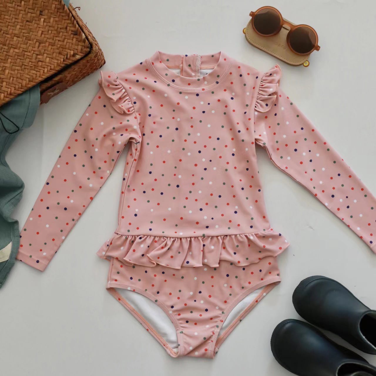 キッズベビー女の子長袖水着ワンピース フリル付き かわいい