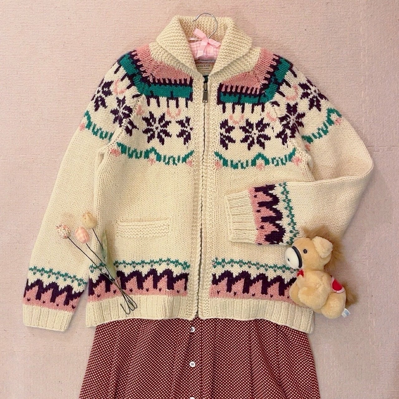 pink purple snowflake zip knit sweater