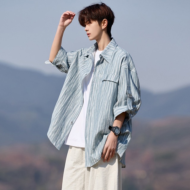 【JXシリーズ】★シャツ★ ユニセックス 3color トップス 半袖 大きいサイズ 青 灰 カジュアル 夏服 縦縞 縞模様