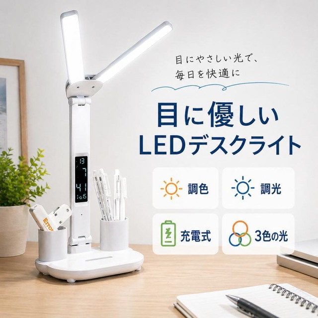 デスクライト スタンド 卓上 led ライト コードレス おしゃれ usb 充電式 机 学習 勉強 折りたたみ アーム 明るい 調光 調色