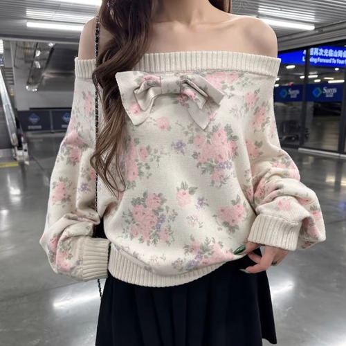 リボンデザインフラワーオフショルニット ・75575