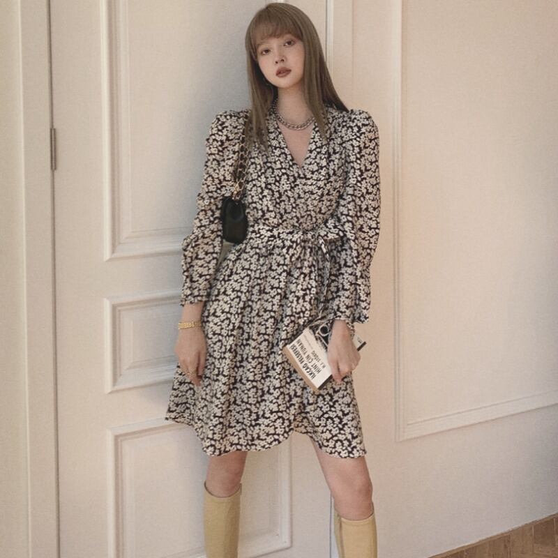 オータムドレス スタンダードスカート ウェストスリーブVネックフローラル レトロ 秋物 花柄 ハンチェンe44755416764