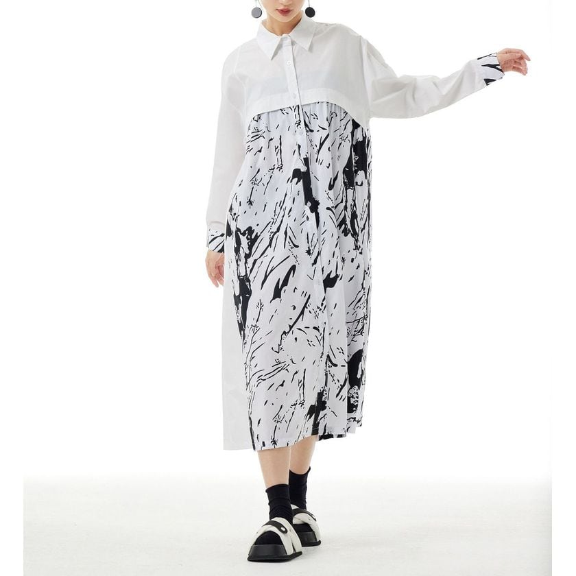 長袖コントラストカラースプライシングプリントドレス 2color ON0631