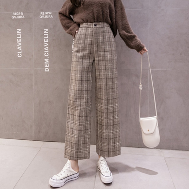 パンツ レディース ボトムス ワイドパンツ 9分丈 スリム ワイド ハイウエスト ファスナー ポケット 厚手 かわいい 大人可愛い きれいめ シンプル カジュアル 大人 おしゃれ レトロ 大人女子 マニッシュ キュート ガーリー クール S M L XL 2XL グレー コーヒー 大人カラー チェック柄 秋 冬 10代 20代 レディース OL 通勤 学生 通学 デート お出かけ 着回し 普段使い 送料無料 韓国系 ファッション コーデ スタイル あったか モテ 脚長 トレンド 流行 インスタ映え