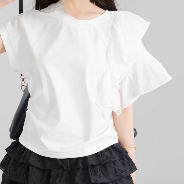 アシメフリルスリーブ コットンT