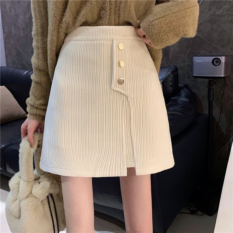 スプリングハイウェストウェスト薄手ゴールドバックルコーデュロイAラインスカート 春物 YY-ファッション58750898427