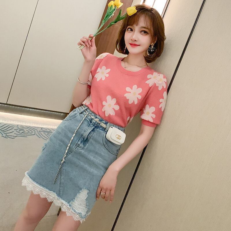 カジュアルラウンドネックスリーブFlowerデザイン ジャカードニットTシャツ サマースタイル 大人ガーリー スウィート キュート 夏物 Oネック フラワーデザイン MIUCO39419965080