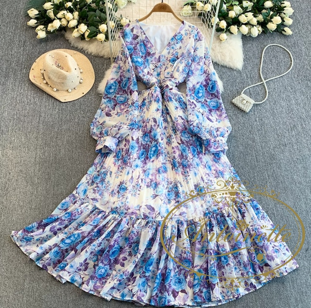 4カラー １サイズ 長袖 レディース シフォン 花柄 華やか パーティー 二次会 ワンピース おしゃれ きれいめ リゾート ドレス