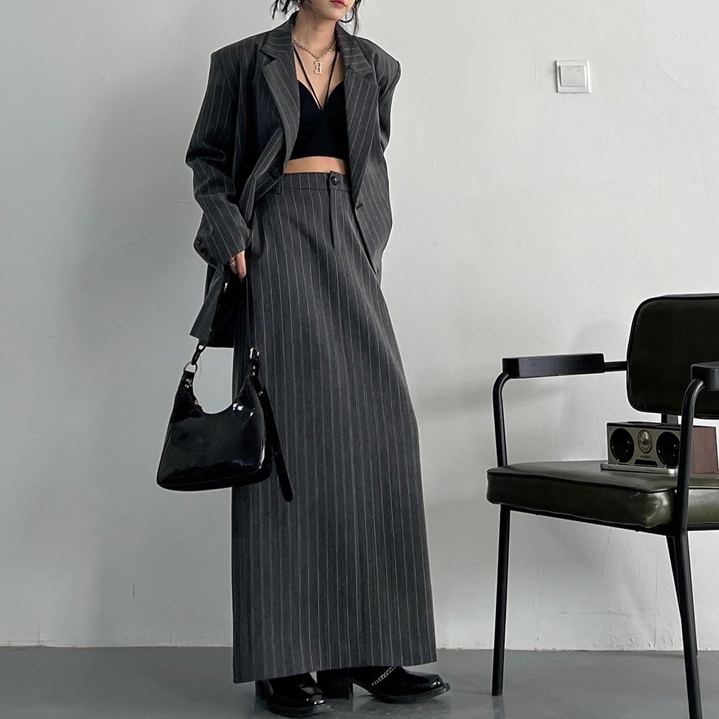 Vintage Style Gray Striped Blazer and Skirt Set*S-993