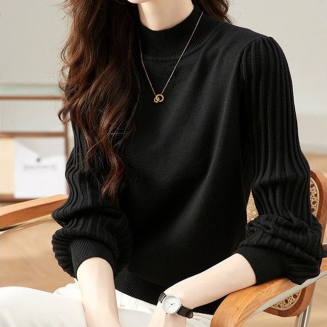 Half high neck elegant stripe sleeve knit ( 3color )