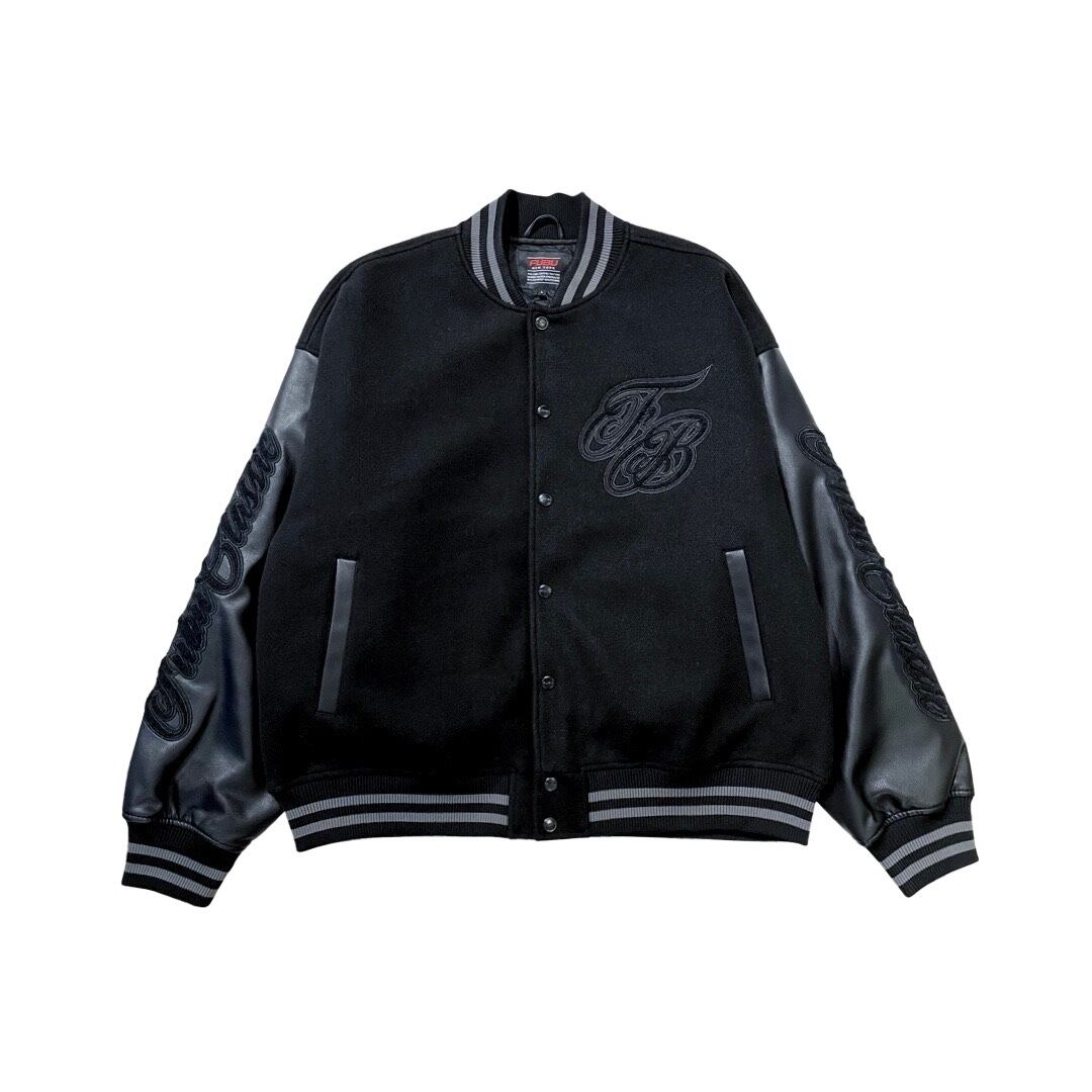 BREATH -Arch Logo Hooded Varsity Jacket- Black / Black | Highflyer