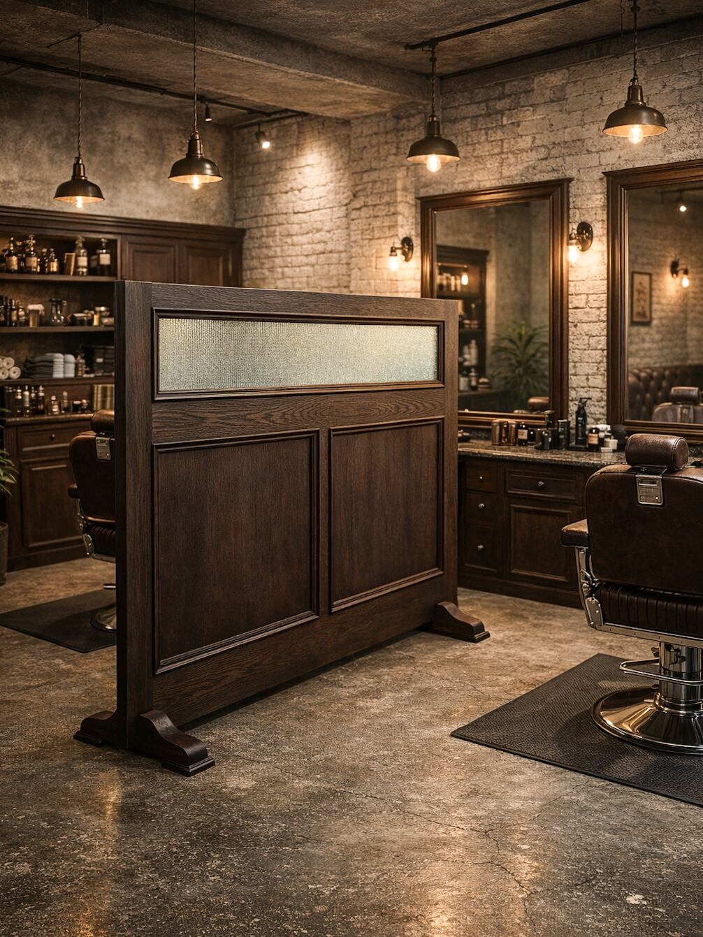 アンティーク調ウッドパーテーション 理容室・美容室向け (ガラスパーテーション)W1900