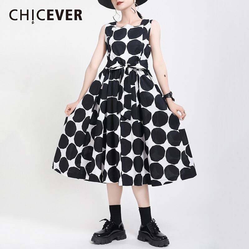 CHICEVERドットドレスレディースOネックノースリーブウエストヒットカラールーズオーバーサイズミッドドレス2020夏服 サマー 夏物 6base586837670285