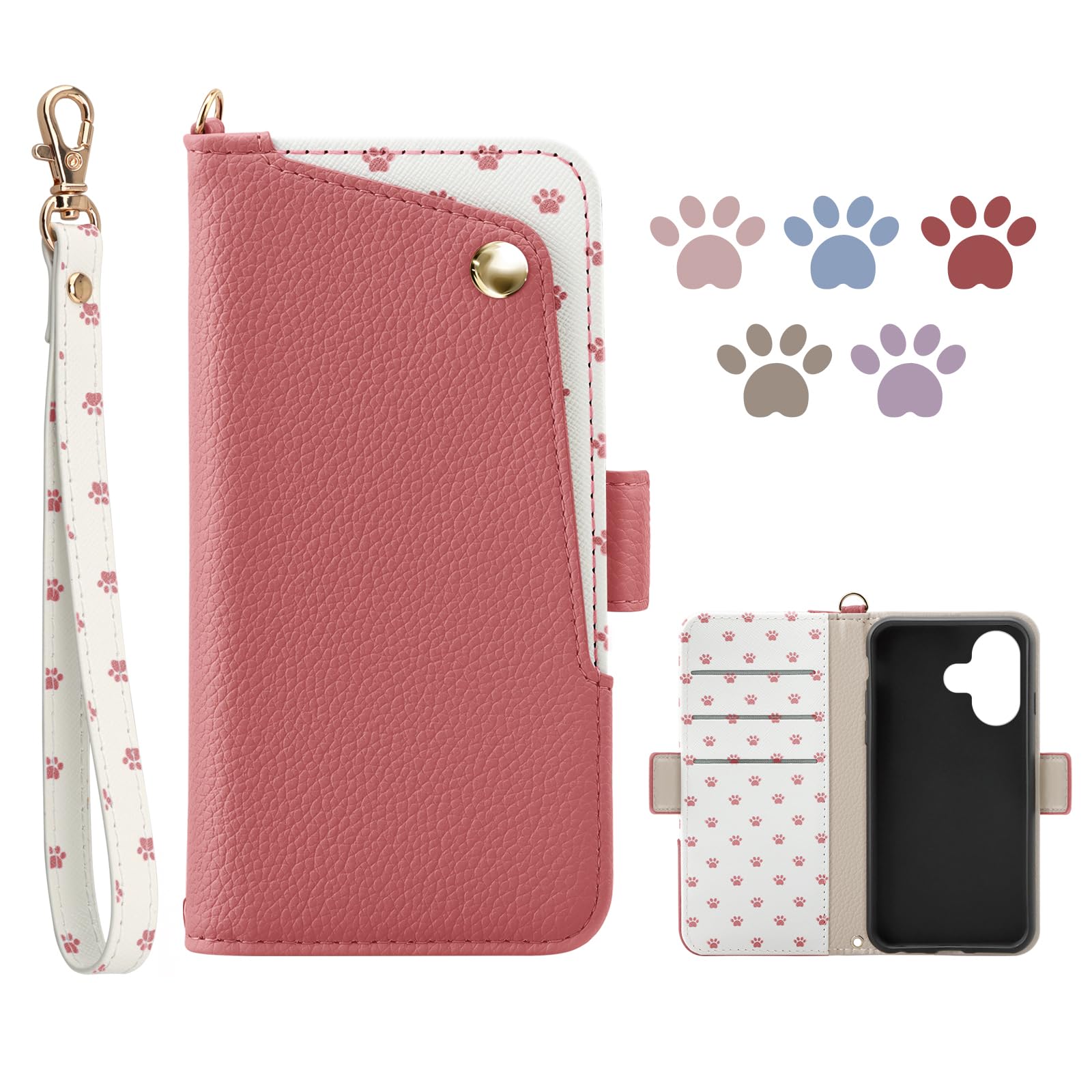 適用 iPhone 16ケース 手帳型 可愛い猫足跡 いPhone 16向けのスマホケース 財布型 3カードポケット付き アイフォン16用の 携帯カバー 猫の肉球デザイン 全面保護 対応 あいふおん16ケース外側ポケット ストラップ付き(レッド)
