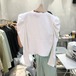 ロンT パフスリーブ ショート丈 長袖 ラウンドネック 春 丸首 フェミニン 無地 シャツ パワーショルダー トップス 着痩せ パワショル レディース Tシャツ ロンT パフスリーブ ショート丈