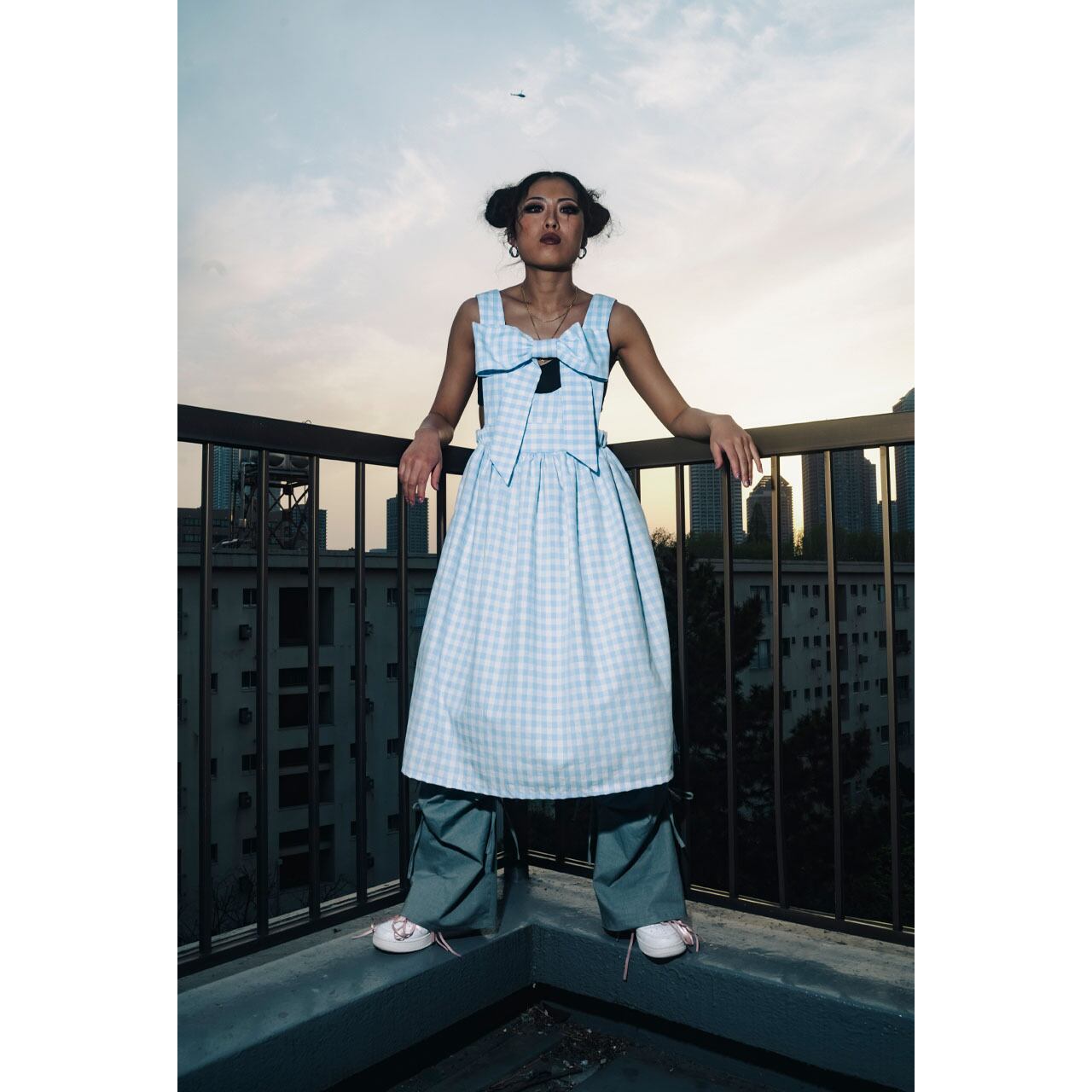 Front ribbon sleeveless onepiece (Gingham / Long丈 Front ribbon sleeveless onepiece (Gingham / Long丈