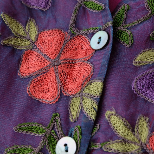 Chemisier/veste Femme IOS Taille L - Soie Et Coton Gris Avec Broderies Florales - Manches Longues