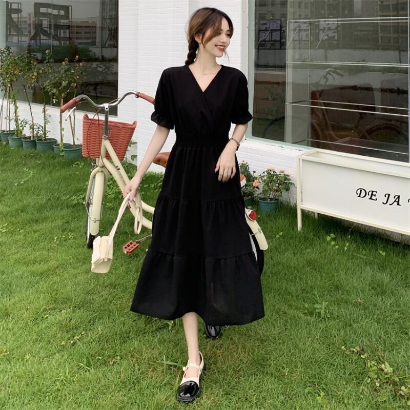 ドレス サマー薄手スタイルウェストVネックブラック 夏物 1号婦人92828585365