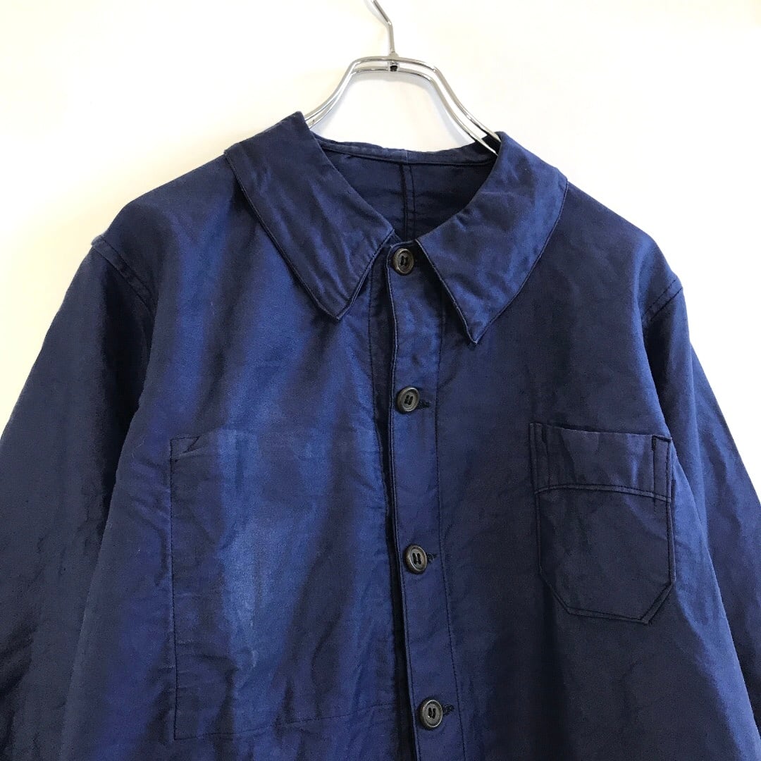 VINTAGE / ヴィンテージ | 推定1930s～ French Work Jacket フレンチワーク ウッドボタン モールスキン カバーオール ジャケット | ー | ブルー | メンズ