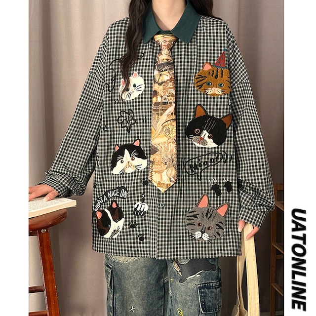 ♥アメリカンレトロと猫チャームの融合！【UATONLINEシリーズ】★シャツ★ 2color ユニセック チェック柄 トップス 長袖シャツ 猫柄 猫 ネコ