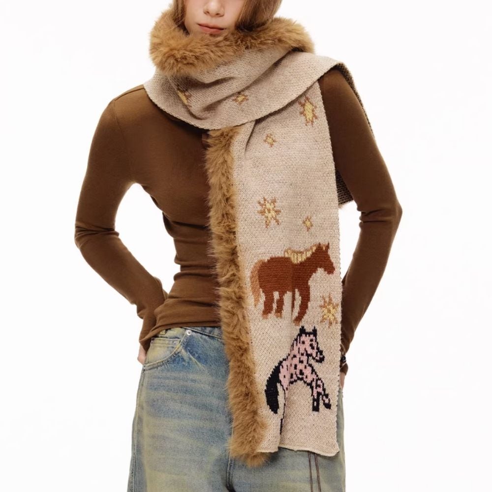 銀河を歩く馬たちのファーニットマフラー E00620 | EMMA GRAND