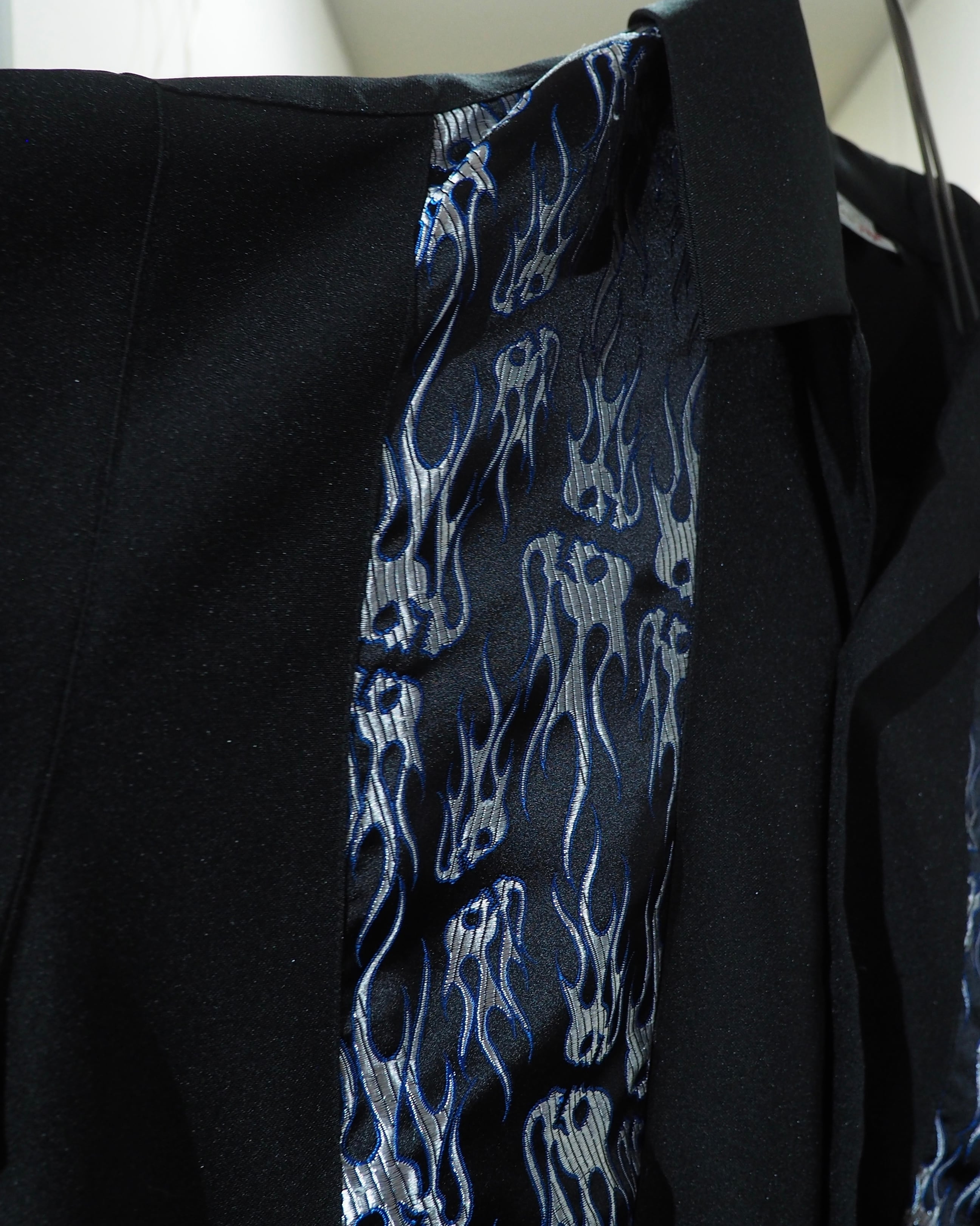 Skull × Flame pattern Satin switching vintage loose Open callar SS shirt