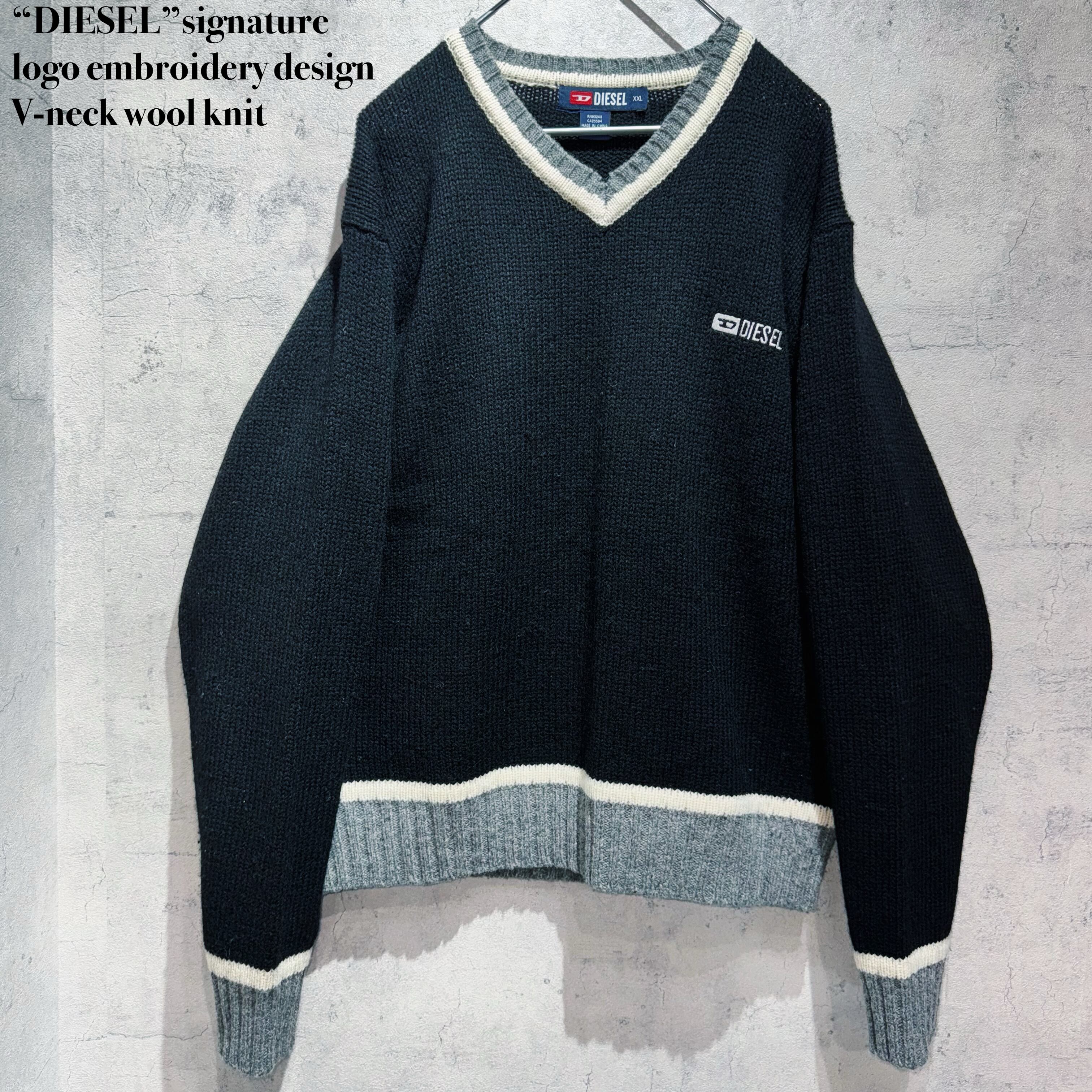 “DIESEL”signature logo embroidery design V-neck wool knit