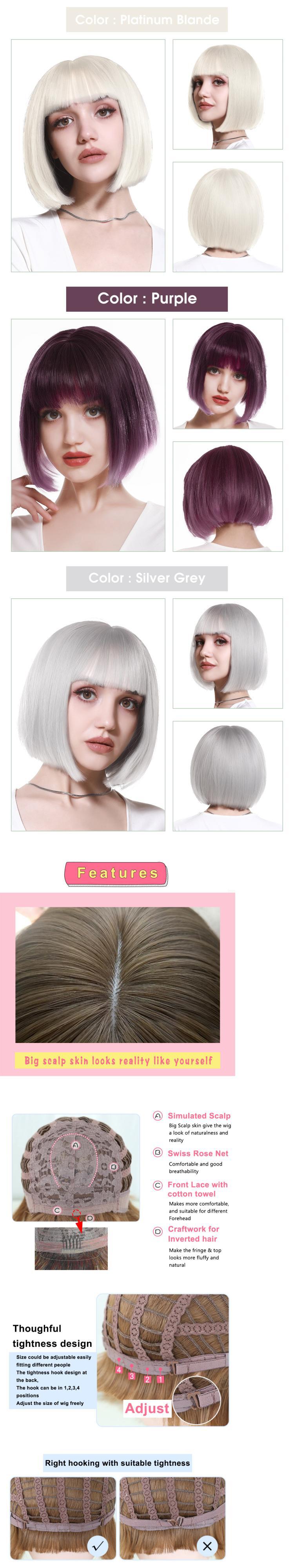 送料無料 ピンクのショートボブウィッグとバンストレートコスパイ