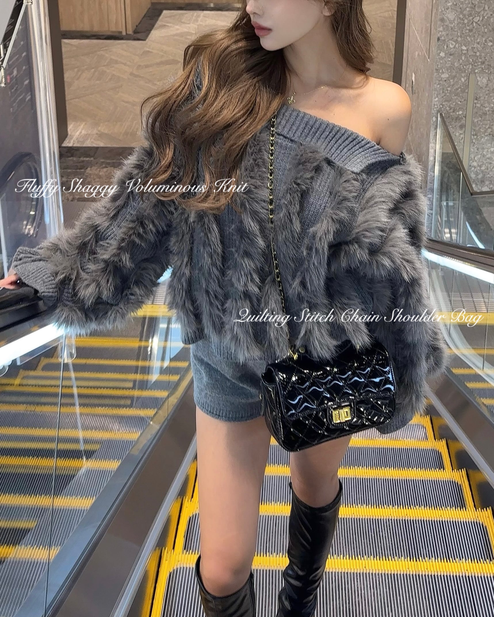 NEW】Fluffy Shaggy Voluminous Knit グレー | GIENGE［ジーアング］