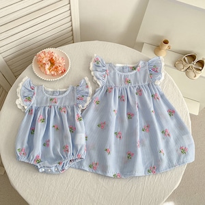 【BABY&KID】夏作ストライプ×小花刺繍のフリル袖ロンパースORワンピース